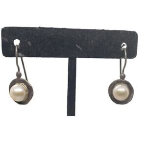 Vintage Earrings Sterling Silver 925 Israel Cultured Pearl Hand Hammered Long